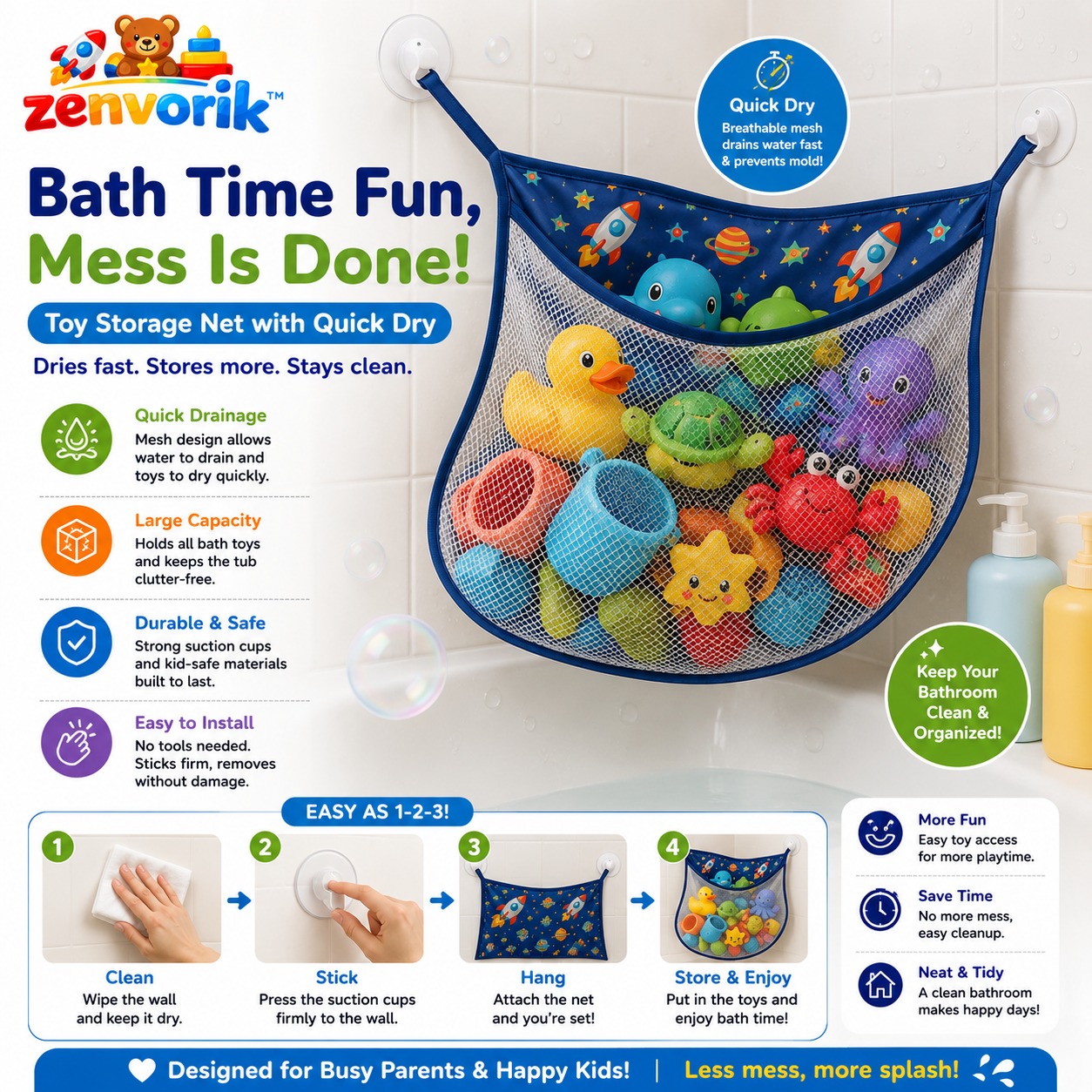 Zenvorik™ SplashPocket Bath Toy Organizer