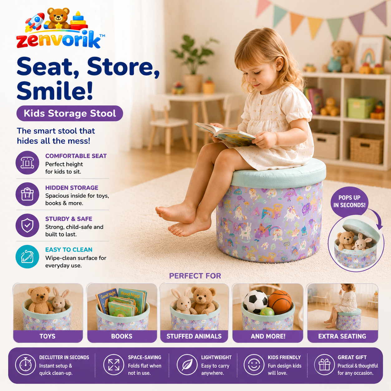 Zenvorik™ HideAway Kids Storage Ottoman